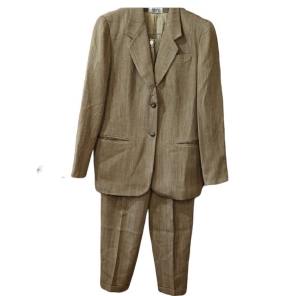 Ultimo Vintage Green Brown Pant Suit Blazer Longline Career Size 12